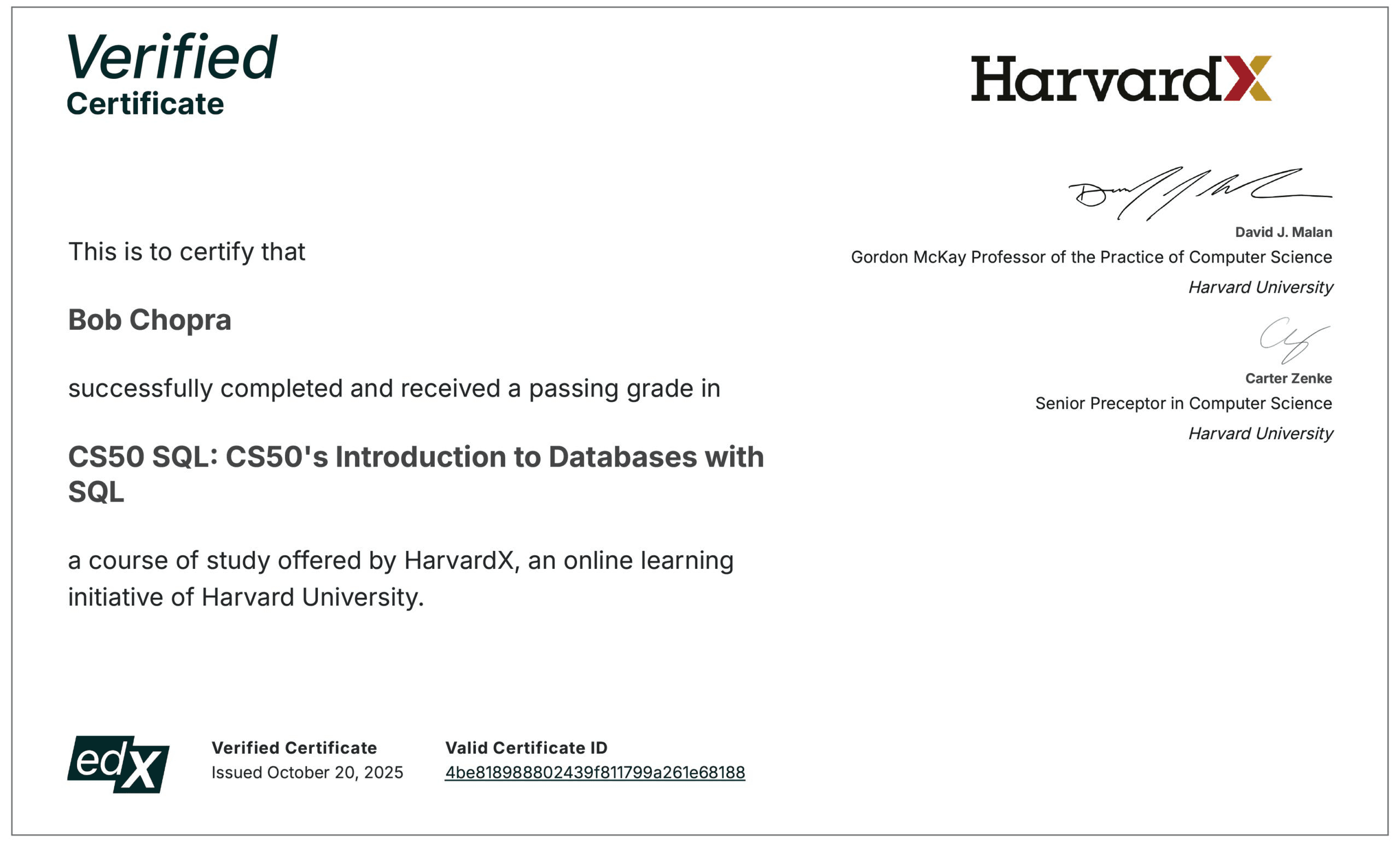CS50 SQL: Introduction to Databases with SQL certificate