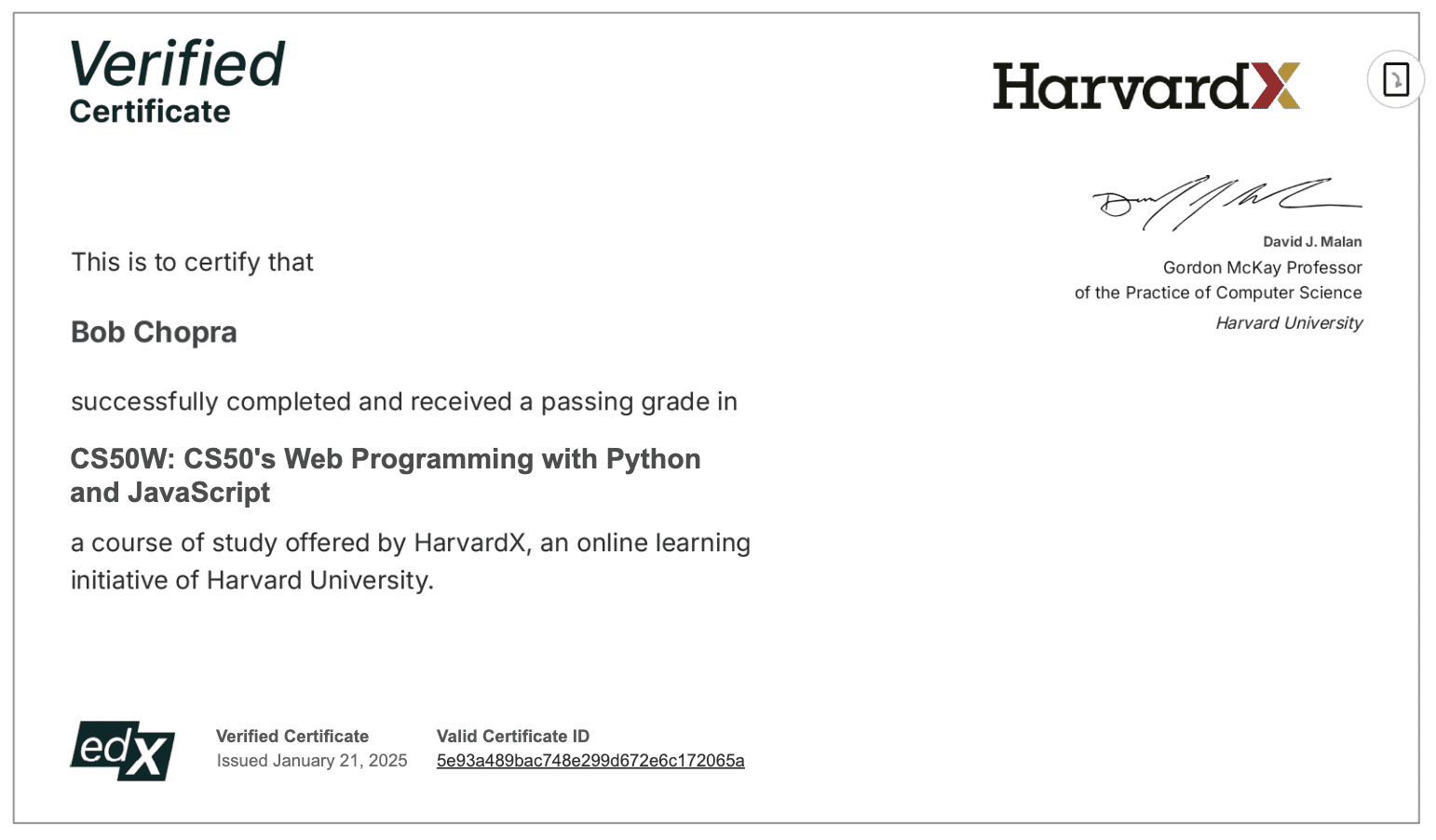 CS50W: Web Programming with Python and JavaScript certificate