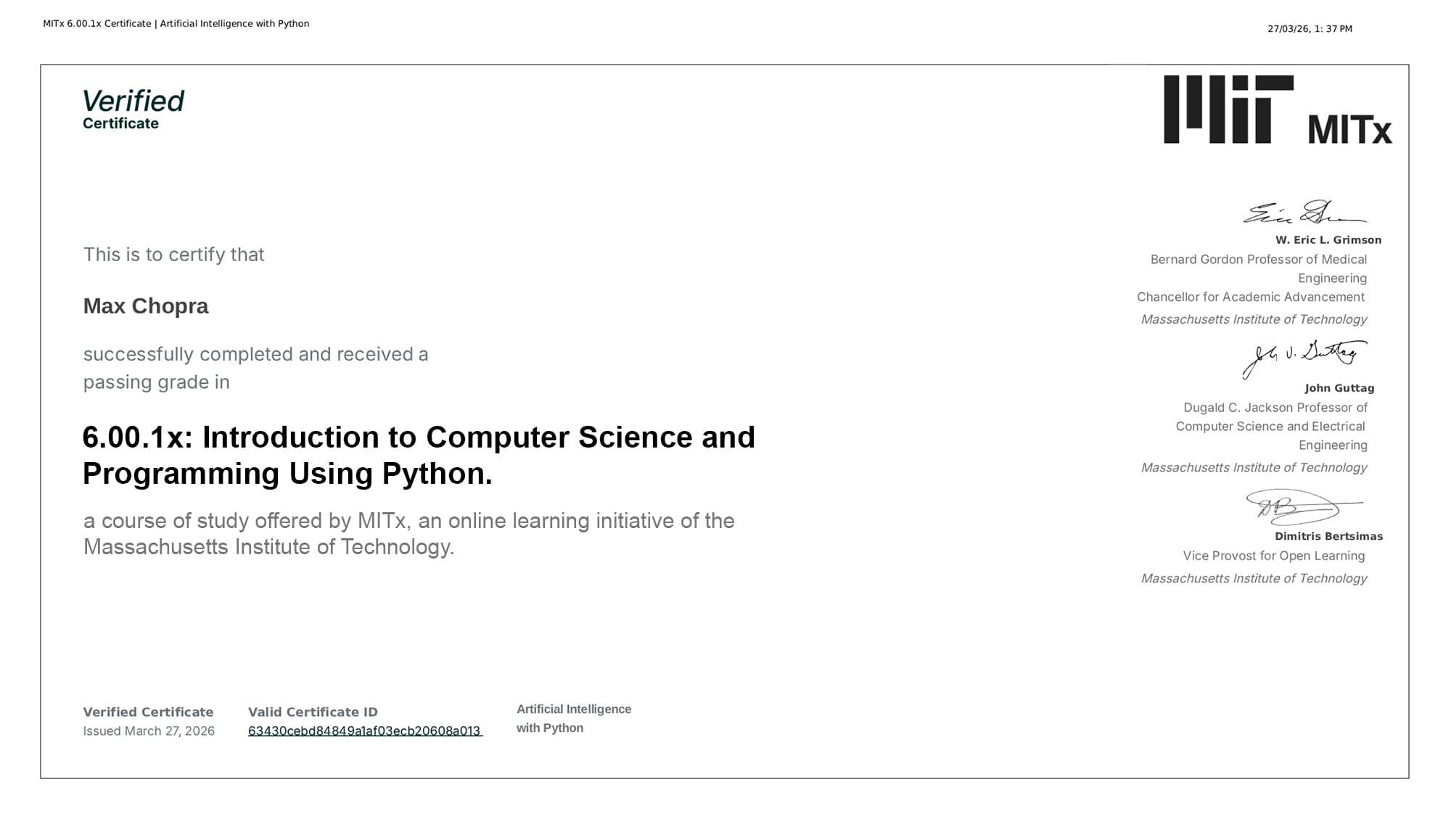 CS50AI: Introduction to Artificial and Programmng with Python certificate